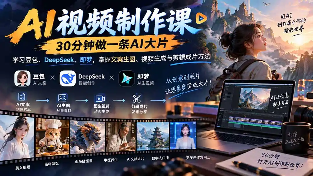 AI视频制作课-30分钟做一条AI大片：学习豆包、DeepSeek、即梦，掌握文案生图、视频生成与剪辑成片方法-副业168副业网