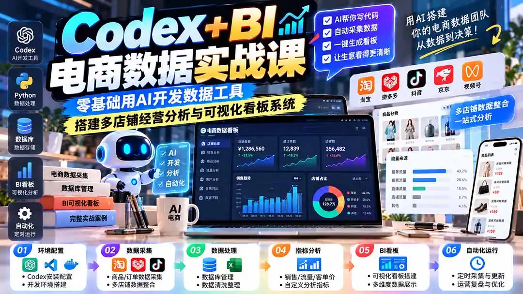 Codex+BI电商数据实战课：零基础用AI开发数据工具，搭建多店铺经营分析与可视化看板系统-副业168副业网