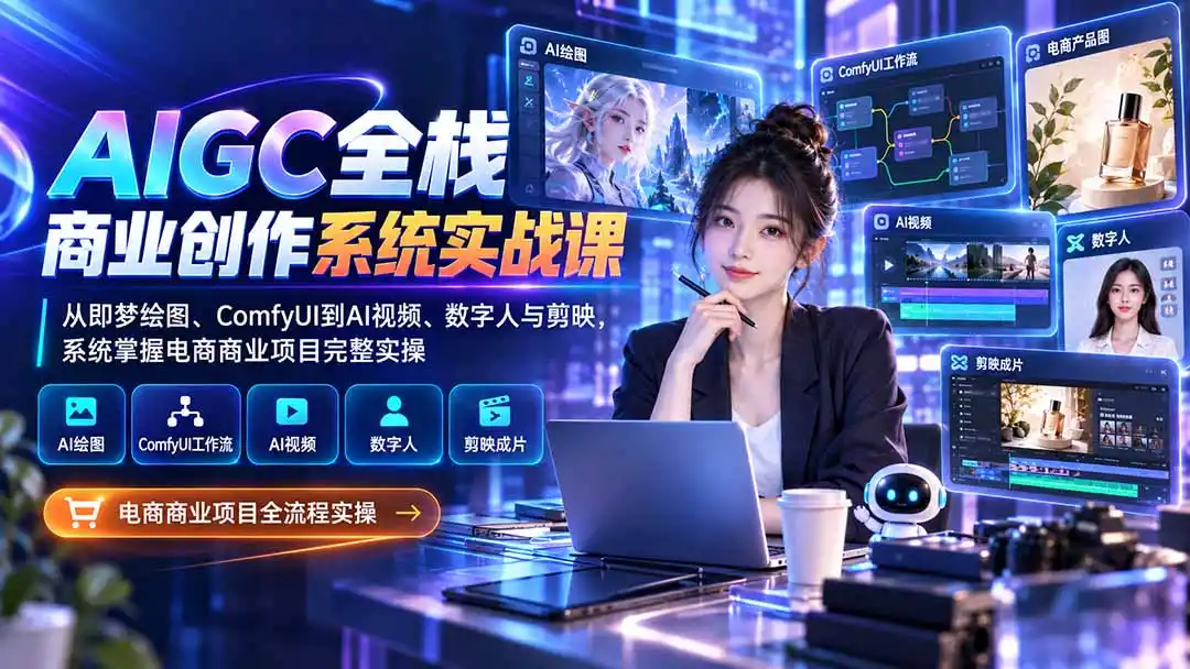 AIGC全栈商业创作系统实战课:从即梦绘图、ComfyUI到AI视频、数字人与剪映,系统掌握电商商业项目完整实操-副业168副业网