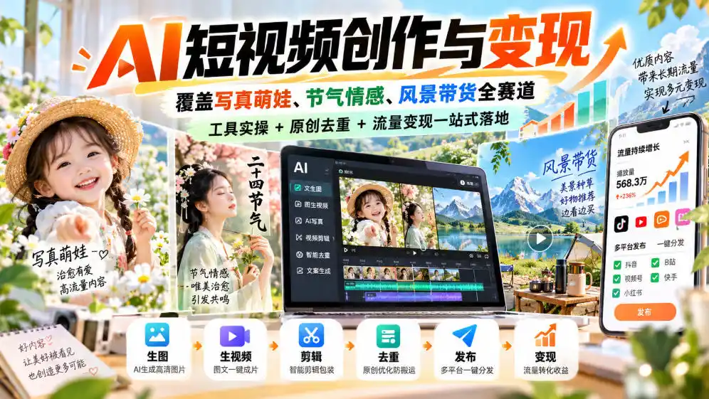 AI短视频创作与变现，覆盖写真萌娃、节气情感、风景带货全赛道，工具实操+原创去重+流量变现一站式落地-副业168副业网