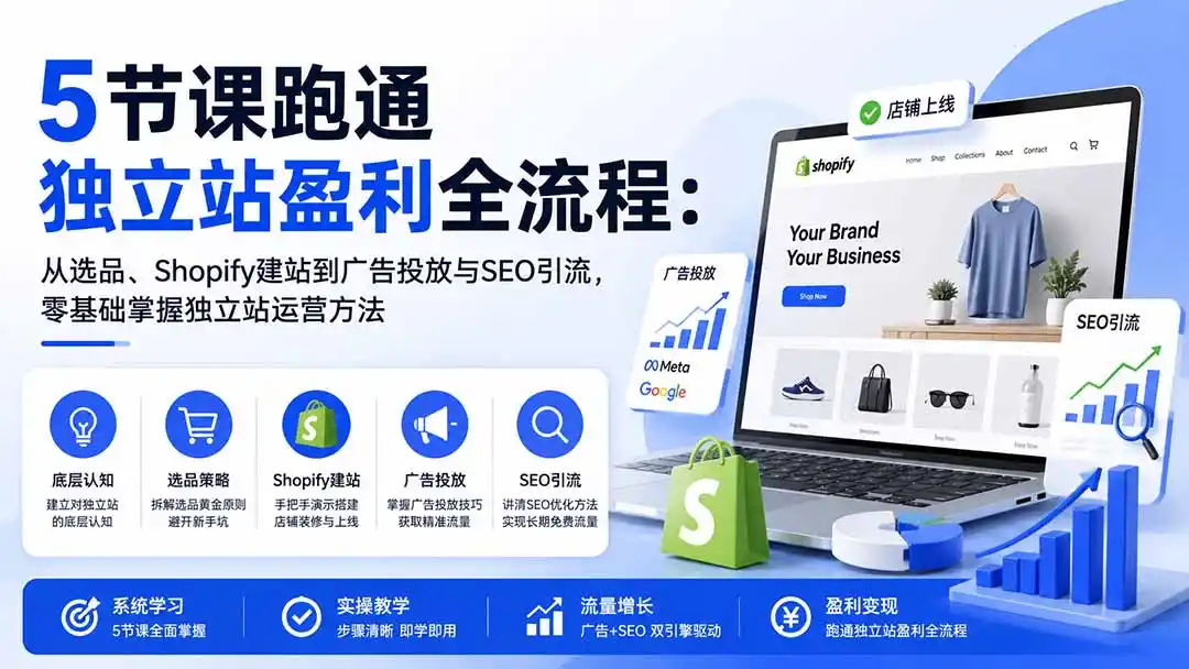 5节课跑通独立站盈利全流程：从选品、Shopify建站到广告投放与SEO引流，零基础掌握独立站运营方法-副业168副业网