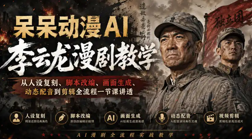 呆呆动漫AI李云龙漫剧教学,从人设复刻、脚本改编、画面生成、动态配音到剪辑全流程一节课讲透-副业168副业网