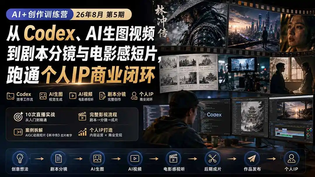 AI+创作训练营26年8月第5期:从Codex、AI生图视频到剧本分镜与电影感短片,跑通个人IP商业闭环-副业168副业网