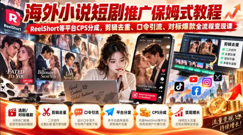 海外小说短剧推广保姆式教程|ReelShort等平台CPS分成,剪辑去重、口令引流、对标爆款全流程变现课-副业168副业网