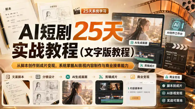 AI短剧25天实战教程(文字版教程),从脚本创作到成片变现,系统掌握AI影视内容制作与商业接单能力-副业168副业网