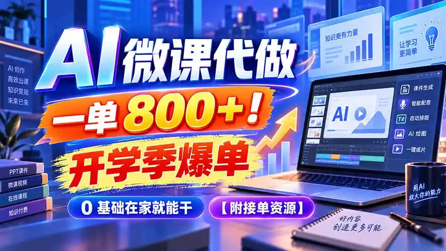 AI 微课代做,一单 800+!开学季爆单,0 基础在家就能干【附接单资源】-副业168副业网