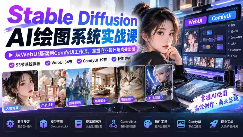 【无水印】Stable Diffusion AI绘图系统实战课:从WebUI基础到ComfyUI工作流,掌握商业设计与高效出图-副业168副业网