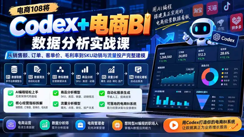 Codex+电商BI数据分析实战课-更新：从销售额、订单、客单价、毛利率到SKU动销与流量投产完整建模-副业168副业网