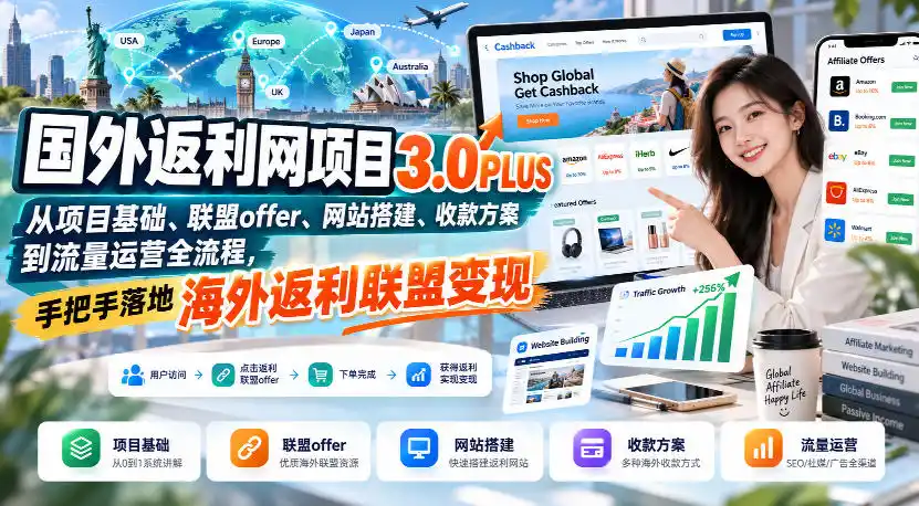 国外返利网项目3.0PLUS，从项目基础、联盟offer、网站搭建、收款方案到流量运营全流程，手把手落地海外返利联盟变现-副业168副业网