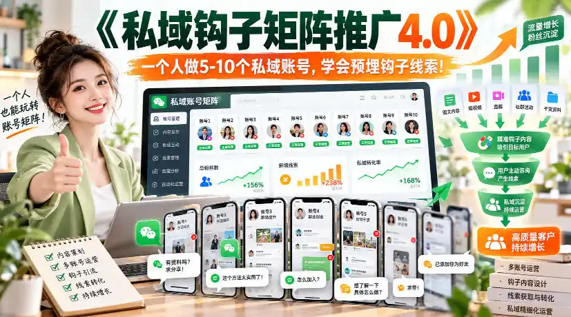 【无水印】《私域钩子矩阵推广4.0》一个人做5-10个私域账号,学会预埋钩子线索!-副业168副业网