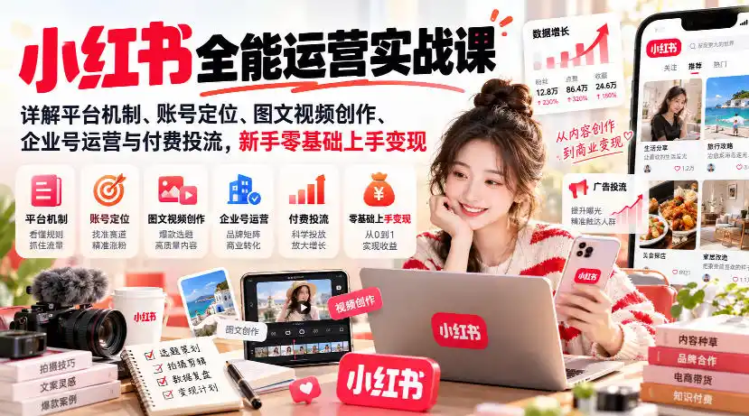 小红书全能运营实战课,详解平台机制、账号定位、图文视频创作、企业号运营与付费投流,新手零基础上手变现-副业168副业网