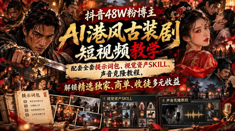 抖音48W粉博主AI港风古装剧短视频教学,配套全套提示词包、视觉资产SKILL、声音克隆教程,解锁精选独家、商单、收徒多元收益-副业168副业网