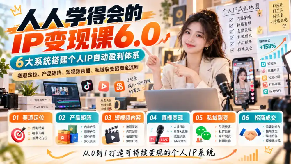 人人学得会的IP变现课6.0,6大系统搭建个人IP自动盈利体系,赛道定位、产品矩阵、短视频直播、私域裂变招商全流程-副业168副业网