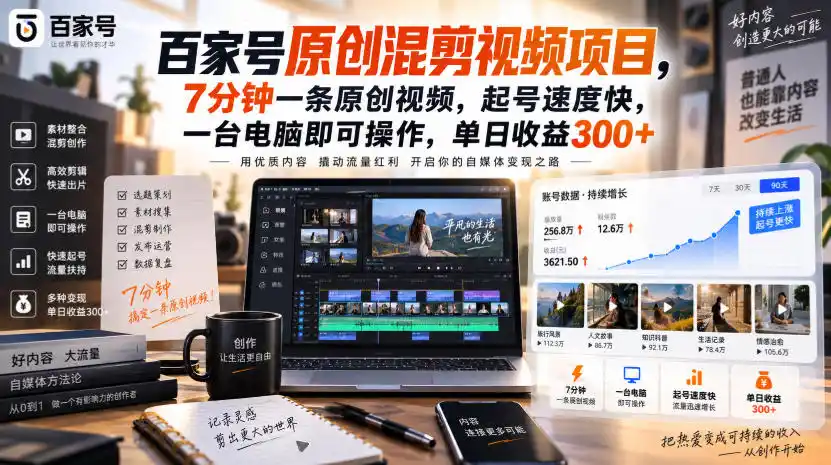 百家号原创混剪视频项目,7分钟一条原创视频,起号速度快,一台电脑即可操作,单日收益300+-副业168副业网