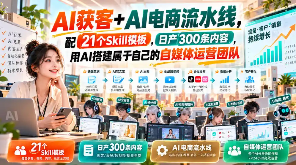 AI获客+AI电商流水线，配21个Skill模板，日产300条内容，用AI搭建属于自己的自媒体运营团队-副业168副业网