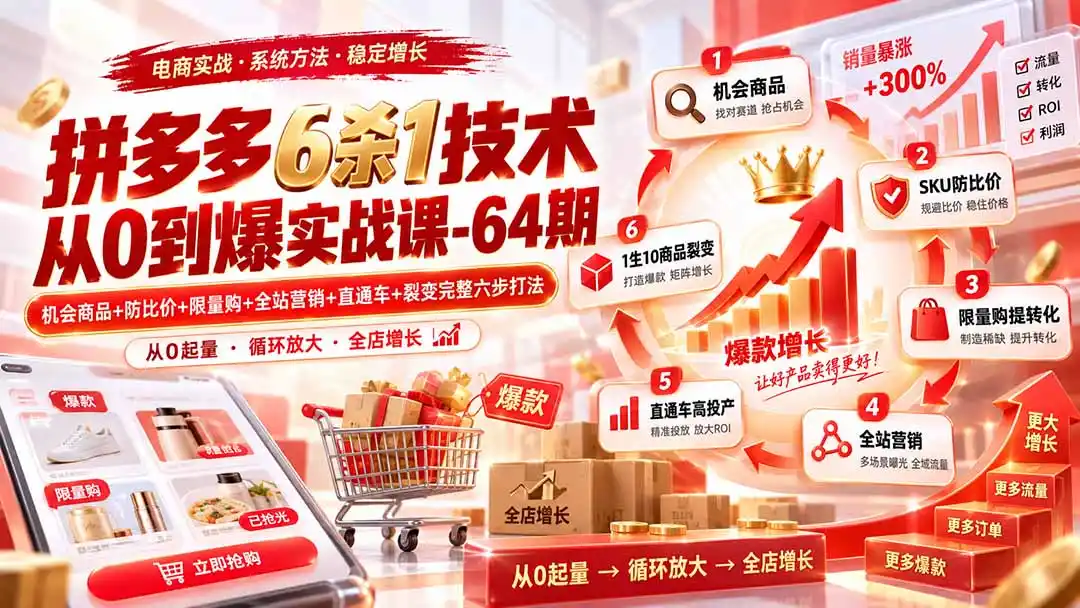 拼多多6杀1技术从0到爆实战课-64期:机会商品+防比价+限量购+全站营销+直通车+裂变完整六步打法-副业168副业网