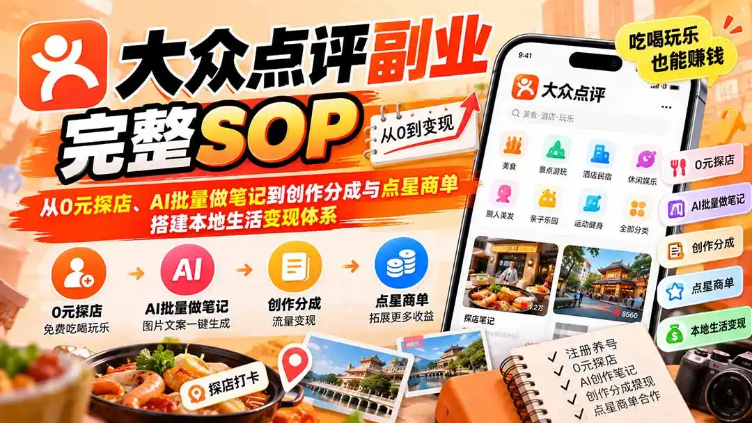 【无水印】大众点评副业完整SOP:从0元探店、AI批量做笔记到创作分成与点星商单,搭建本地生活变现体系-副业168副业网