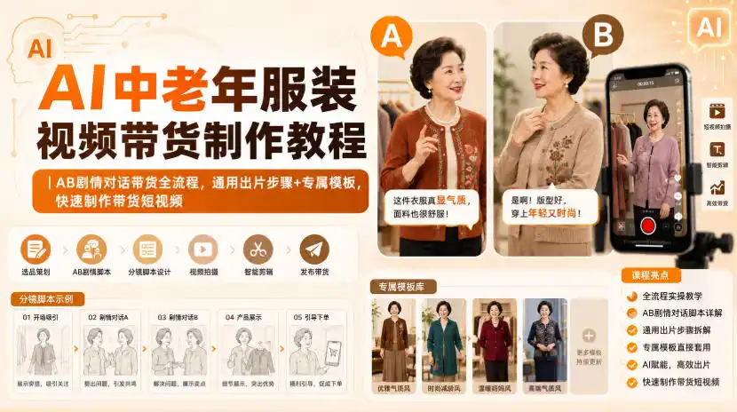 AI中老年服装视频带货制作教程｜AB剧情对话带货全流程，通用出片步骤+专属模板，快速制作带货短视频-副业168副业网