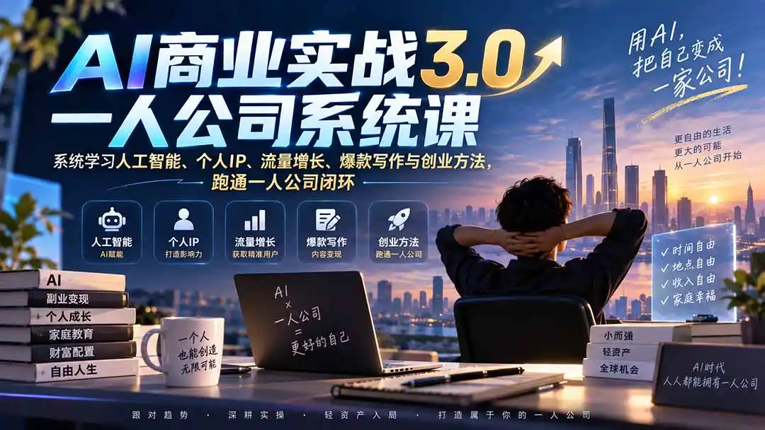 AI商业实战3.0一人公司系统课：系统学习人工智能、个人IP、流量增长、爆款写作与创业方法，跑通一人公司闭环-副业168副业网