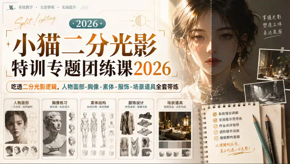 小猫二分光影特训专题团练课2026|吃透二分光影逻辑,人物面部‑胸像‑素体‑服饰‑场景道具全套带练,高清画质附赠课件与笔刷-副业168副业网