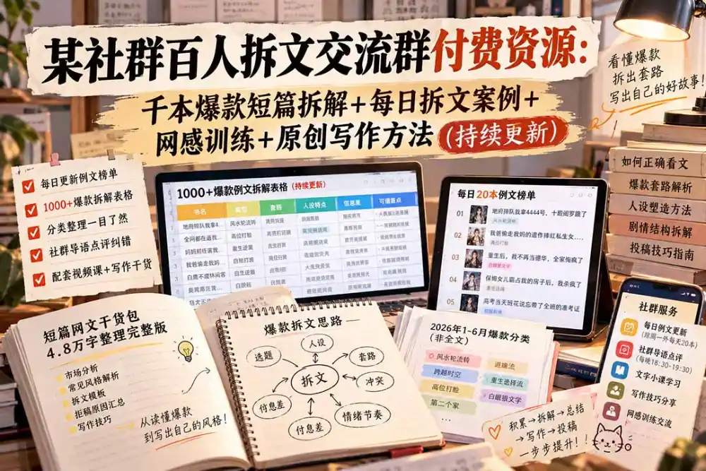 某社群百人拆文交流群付费资源-更新0929:千本爆款短篇拆解+每日拆文案例+网感训练+原创写作方法-副业168副业网