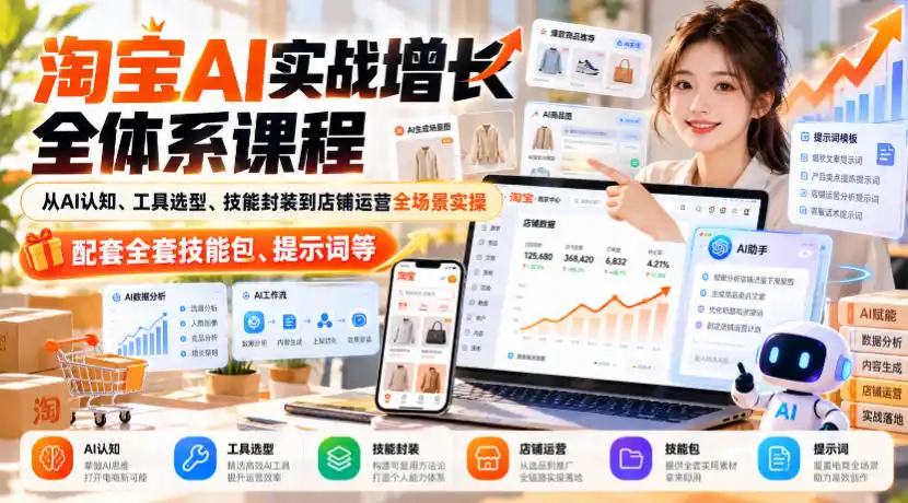 淘宝AI实战增长全体系课程,从AI认知、工具选型、技能封装到店铺运营全场景实操,配套全套技能包、提示词等-副业168副业网