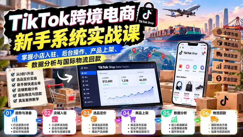 TikTok跨境电商新手系统实战课：掌握小店入驻、后台操作、产品上架、数据分析与国际物流回款-副业168副业网