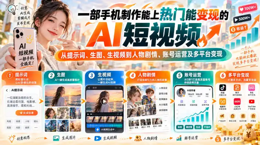 【无水印】一部手机制作能上热门能变现的AI短视频，从提示词、生图、生视频到人物剧情、账号运营及多平台变现-副业168副业网