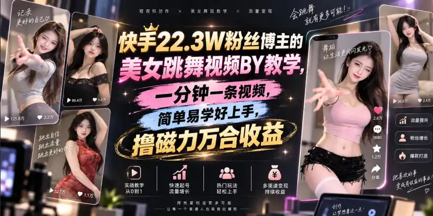 快手22.3W粉丝博主的美女跳舞视频搬运教学,快手MT搬运,一分钟一条视频,简单易学好上手,撸磁力万合收益-副业168副业网