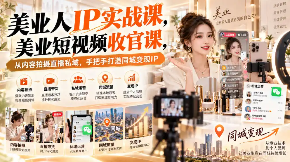 【无水印】美业人IP实战课,美业短视频收官课,从内容拍摄直播私域,手把手打造同城变现IP-副业168副业网
