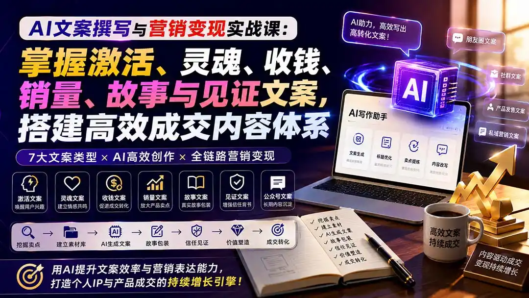 AI文案撰写与营销变现实战课：掌握激活、灵魂、收钱、销量、故事与见证文案，搭建高效成交内容体系-副业168副业网