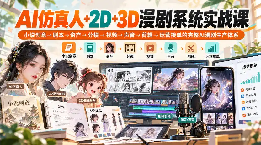 【无水印】AI仿真人+2D+3D漫剧系统实战课,小说创意→剧本→资产→分镜→视频→声音→剪辑→运营接单的完整AI漫剧生产体系-副业168副业网