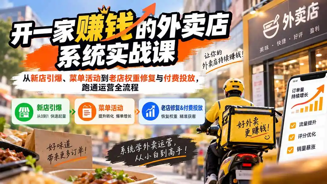 开一家赚钱的外卖店系统实战课：从新店引爆、菜单活动到老店权重修复与付费投放，跑通运营全流程-副业168副业网