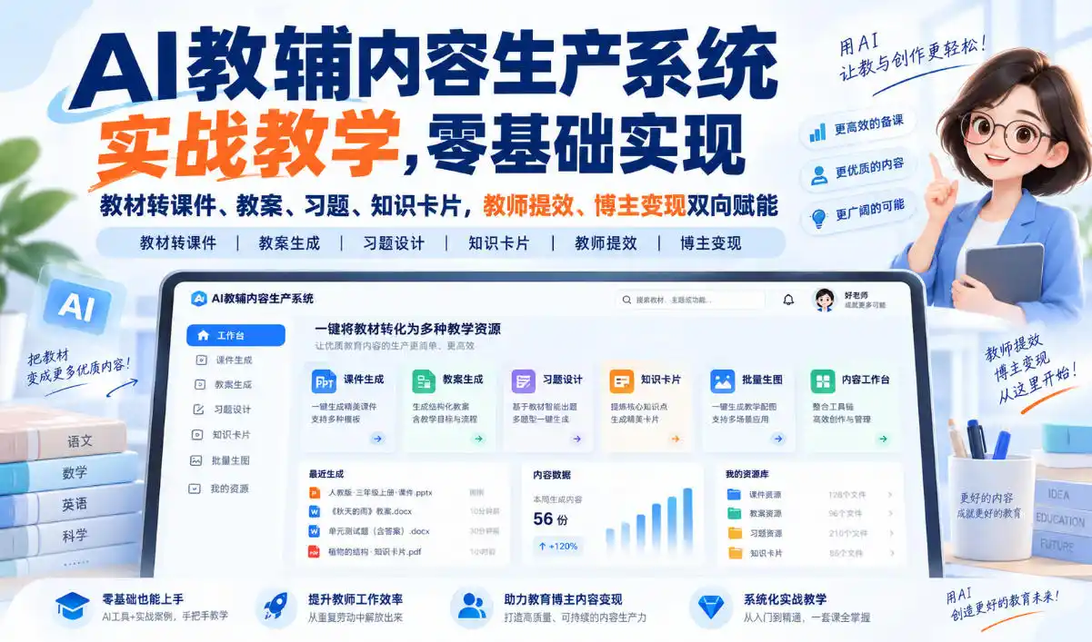 【无水印】AI教辅内容生产系统实战教学,零基础实现教材转课件、教案、习题、知识卡片,教师提效、博主变现双向赋能(更新0926)-副业168副业网
