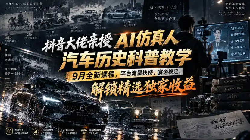 抖音大佬亲授AI仿真人汽车历史科普教学,9月全新课程,平台流量扶持,赛道稳定,解锁精选独家收益-副业168副业网