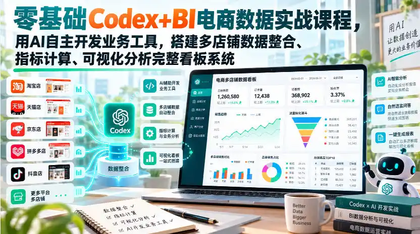 零基础Codex+BI电商数据实战课程，用AI自主开发业务工具，搭建多店铺数据整合、指标计算、可视化分析完整看板系统-副业168副业网