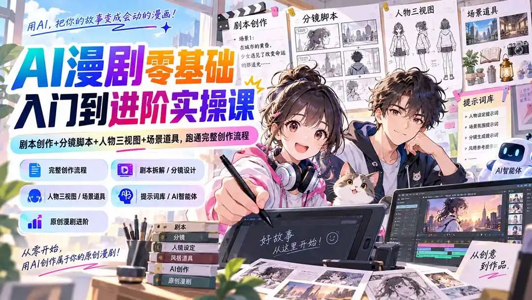 AI漫剧零基础入门到进阶实操课：剧本创作+分镜脚本+人物三视图+场景道具，跑通完整创作流程-副业168副业网