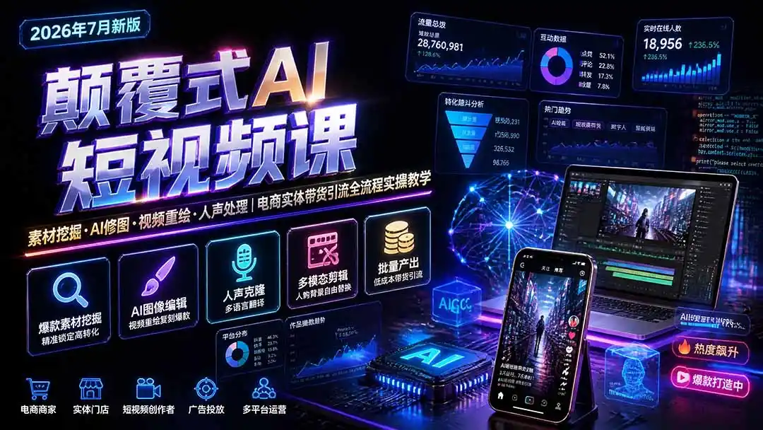 颠覆式AI短视频课-更新|素材挖掘,AI修图,视频重绘,人声处理|电商实体带货引流全流程实操教学-副业168副业网