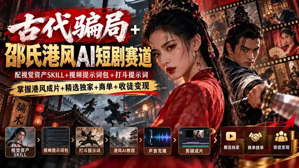 古代骗局+邵氏港风AI短剧赛道:配视觉资产SKILL+视频提示词包+打斗提示词,掌握港风成片+精选独家+商单+收徒变现-副业168副业网