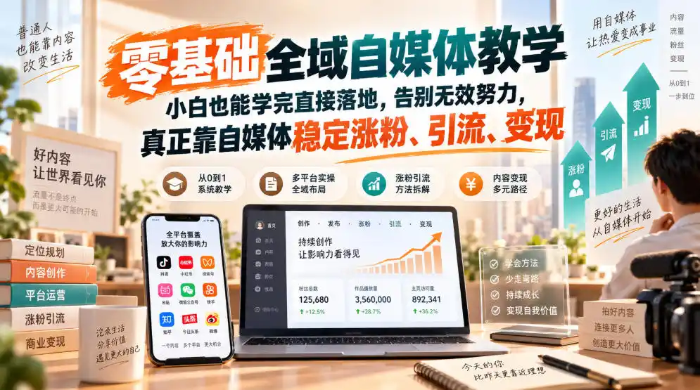 零基础全域自媒体教学,小白也能学完直接落地,告别无效努力,真正靠自媒体稳定涨粉、引流、变现-副业168副业网