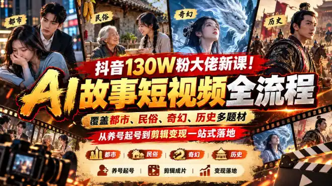 抖音130W粉大佬新课!AI故事短视频全流程,覆盖都市、民俗、奇幻、历史多题材,从养号起号到剪辑变现一站式落地-副业168副业网