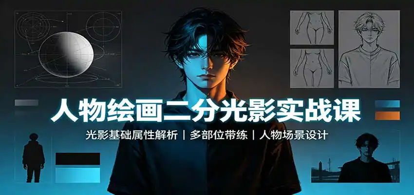 人物绘画二分光影实战课:光影基础属性解析,多部位带练,人物场景设计-副业168副业网