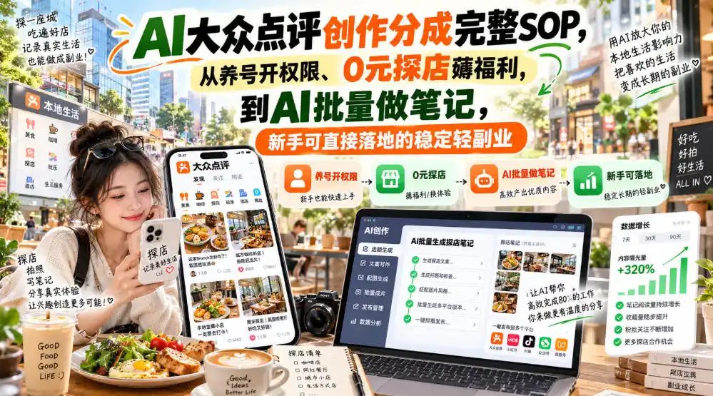 【无水印】AI大众点评创作分成完整SOP,从养号开权限、0元探店薅福利,到AI批量做笔记,新手可直接落地的稳定轻副业-副业168副业网