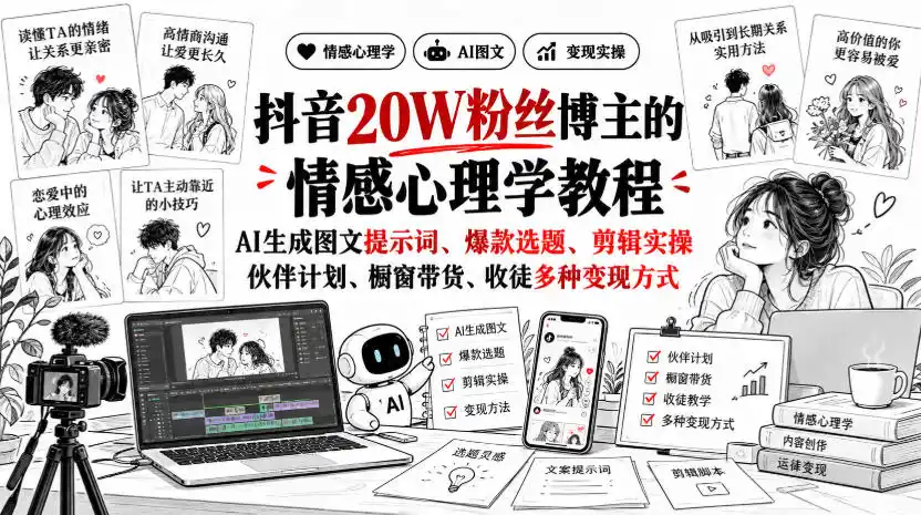 抖音20W粉丝博主静候心声的情感心理学教程,AI生成图文提示词、爆款选题、剪辑实操,伙伴计划、橱窗带货、收徒多种变现方式-副业168副业网