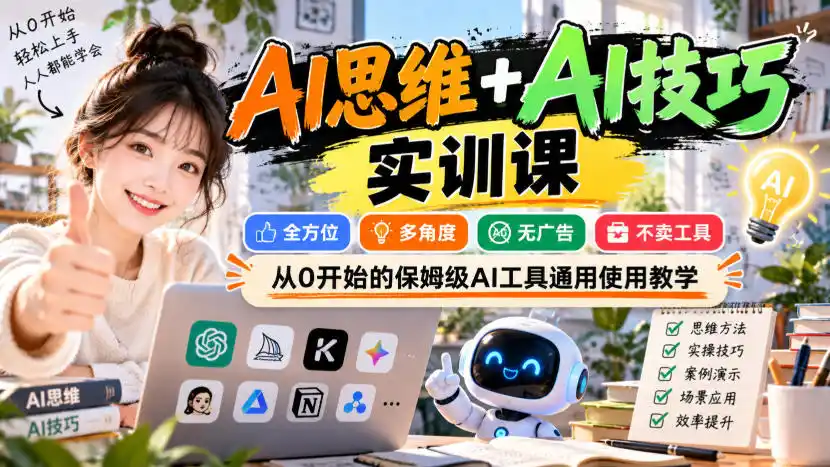 【无水印】AI思维+AI技巧实训课,全方位、多角度、无广告、不卖工具,从0开始的保姆级AI工具通用使用教学-副业168副业网