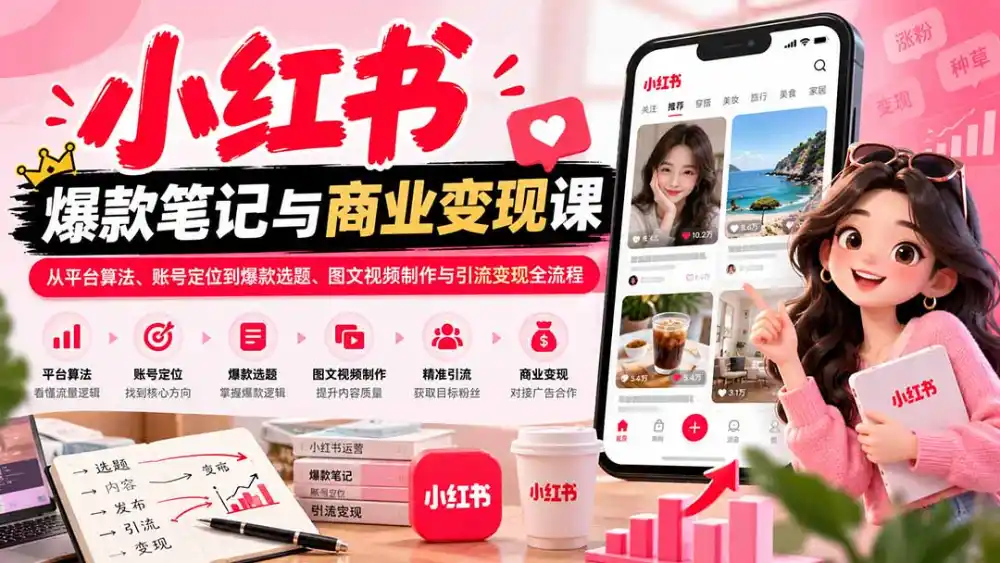 2026小红书爆款笔记与商业变现课:从平台算法、账号定位到爆款选题、图文视频制作与引流变现全流程-副业168副业网