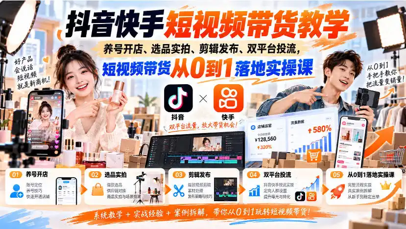 抖音快手短视频带货教学|养号开店、选品实拍、剪辑发布、双平台投流,短视频带货从0到1落地实操课-副业168副业网