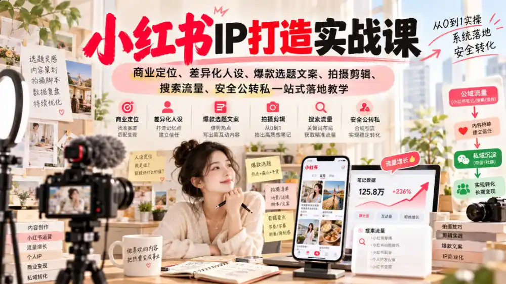 小红书ip打造实战课,商业定位、差异化人设、爆款选题文案、拍摄剪辑、搜索流量、安全公转私一站式落地教学-副业168副业网