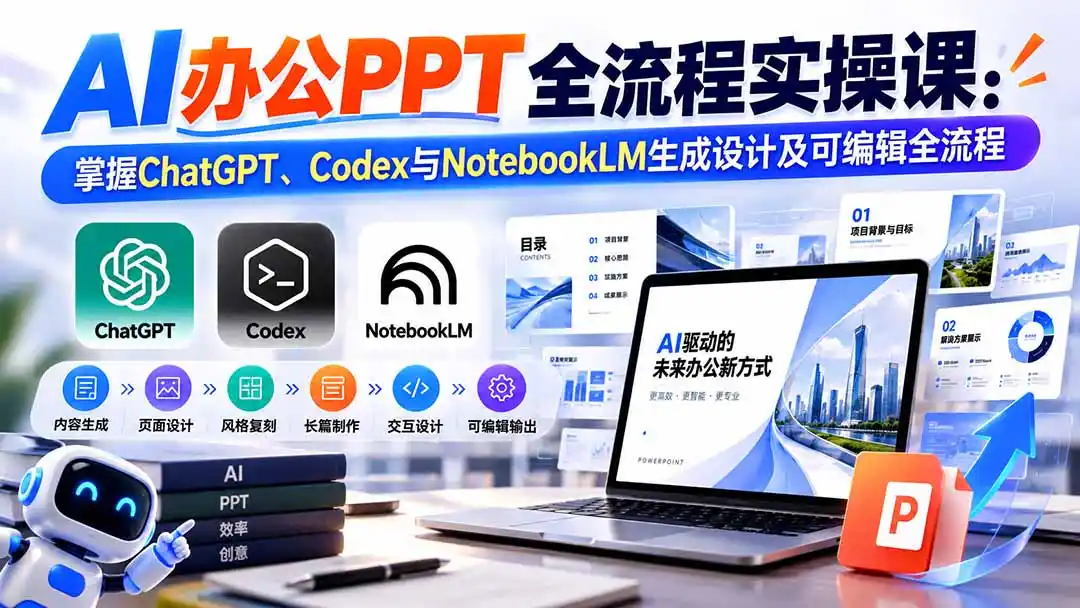 【无水印】AI办公PPT全流程实操课： 掌握ChatGPT、Codex与NotebookLM生成设计及可编辑全流程-副业168副业网