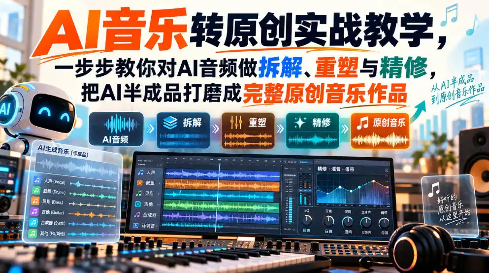 AI音乐转原创实战教学,一步步教你对AI音频做拆解、重塑与精修,把AI半成品打磨成完整原创音乐作品-副业168副业网